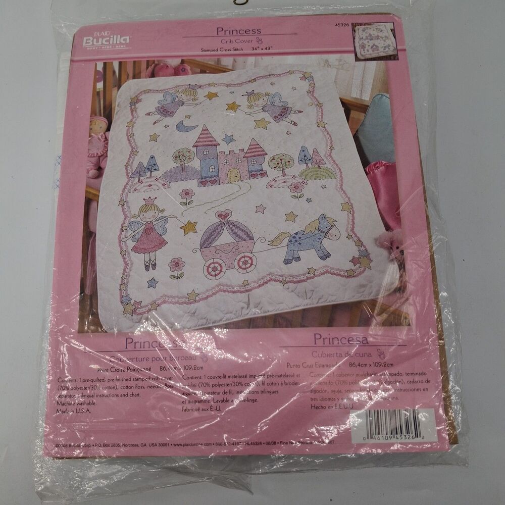 Bucilla Stamped Cross Stitch Kit Fairytale Princess #45326 Crib Cover Baby Quilt